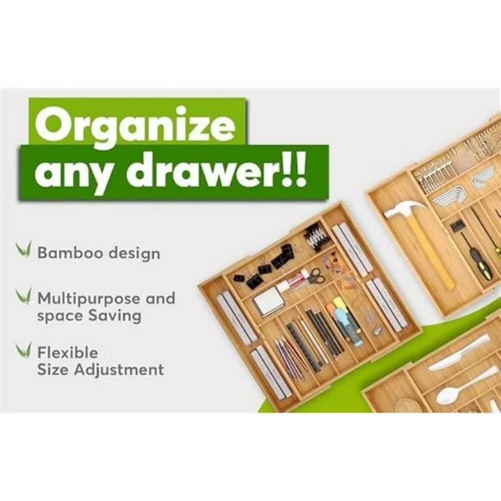 Expandable bamboo silverware drawer organizer utensil tray wood cutlery holder